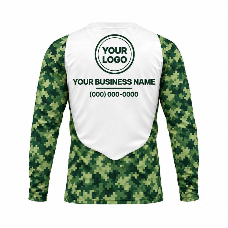 Sample design: digital camo sun shirt with white back panel for logo, business name and phone