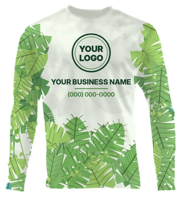 Sample design: light sun shirt with tropical leaves on the sleeves and a clear back for business info